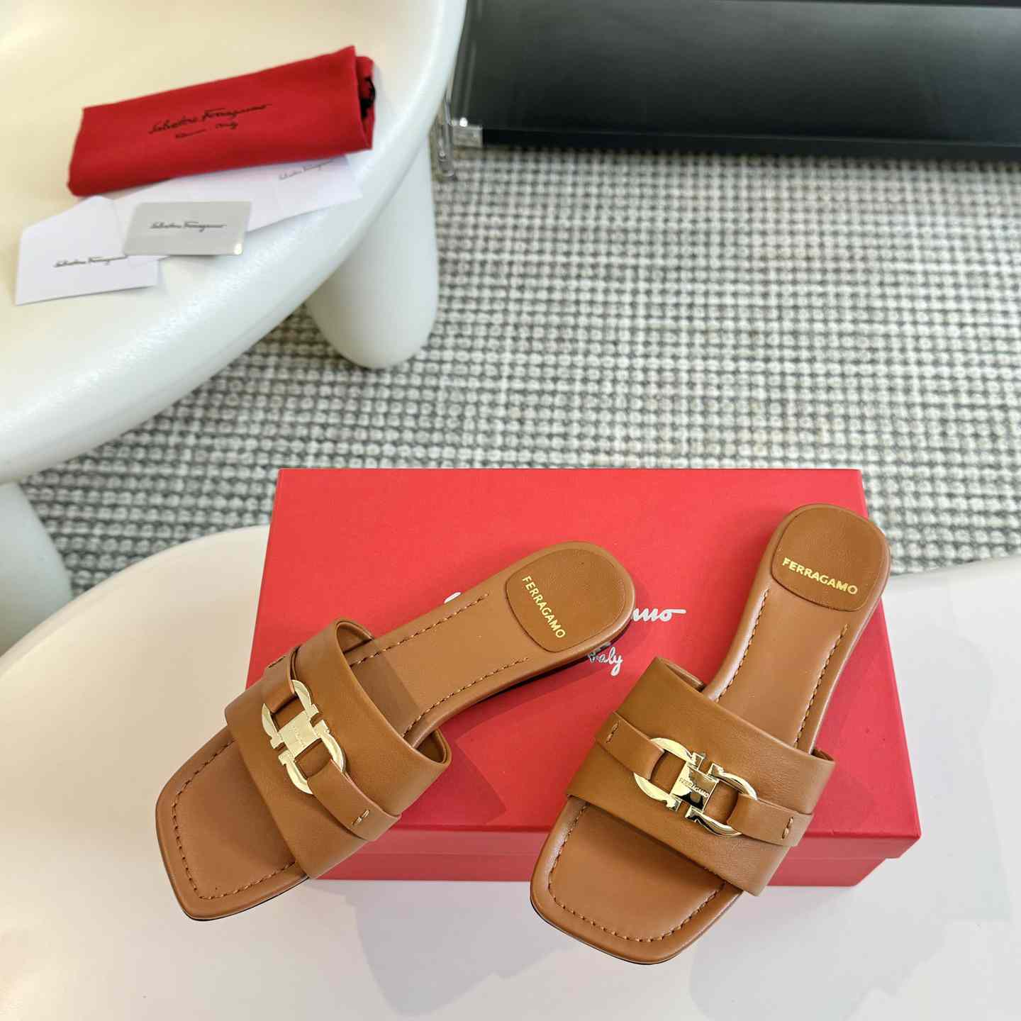 Ferragamo Women's Brown Flat Slide With Gancini Ornament - DopestKickz