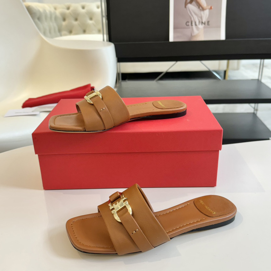 Ferragamo Women's Brown Flat Slide With Gancini Ornament - DopestKickz