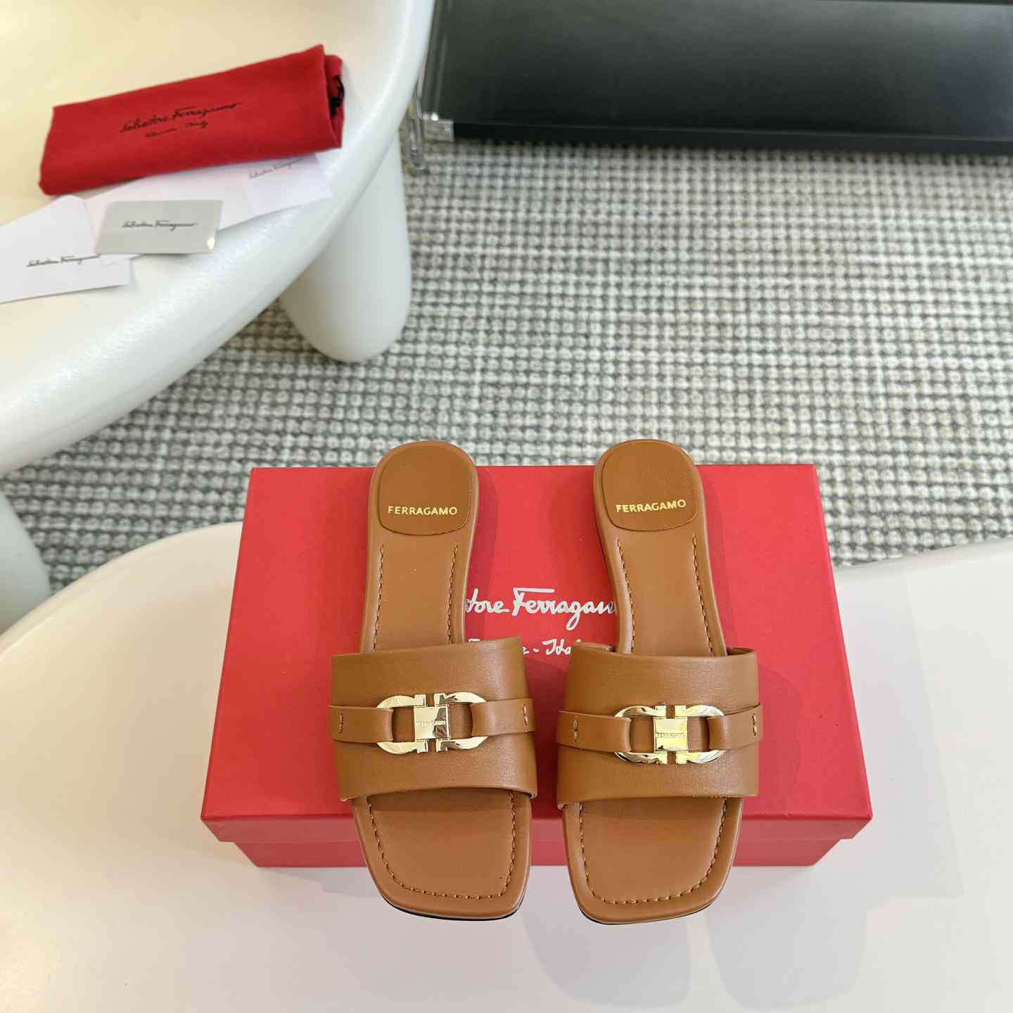 Ferragamo Women's Brown Flat Slide With Gancini Ornament - DopestKickz