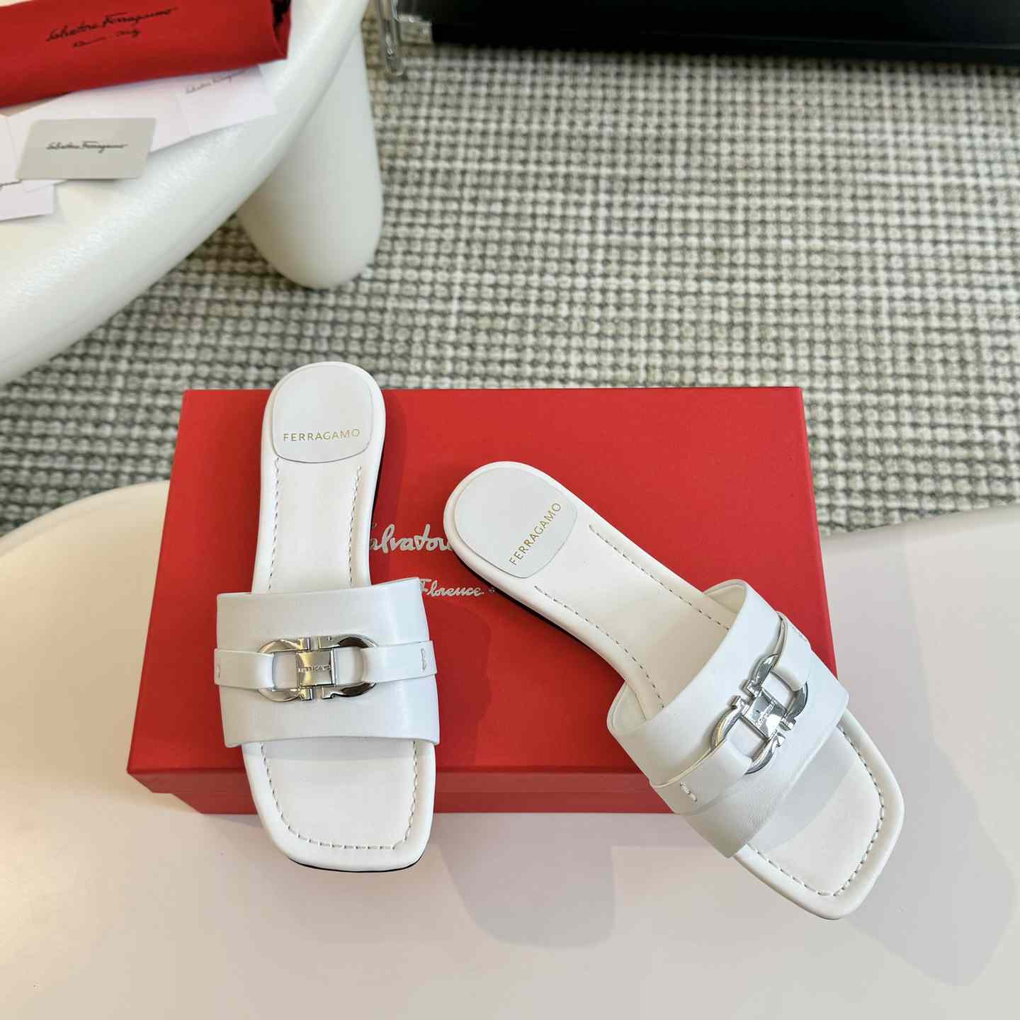 Ferragamo Women's White Flat Slide With Gancini Ornament - DopestKickz