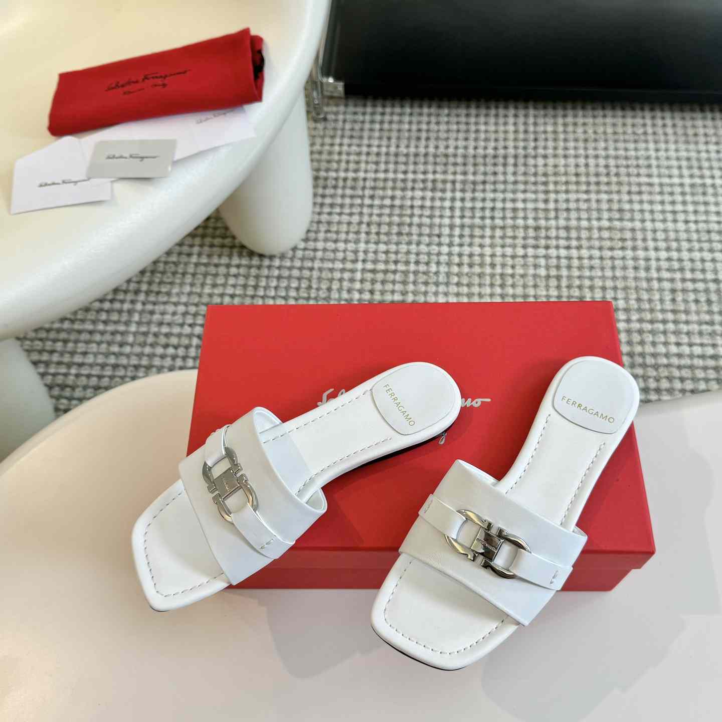 Ferragamo Women's White Flat Slide With Gancini Ornament - DopestKickz