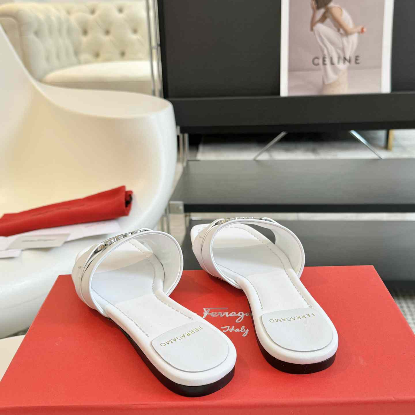 Ferragamo Women's White Flat Slide With Gancini Ornament - DopestKickz