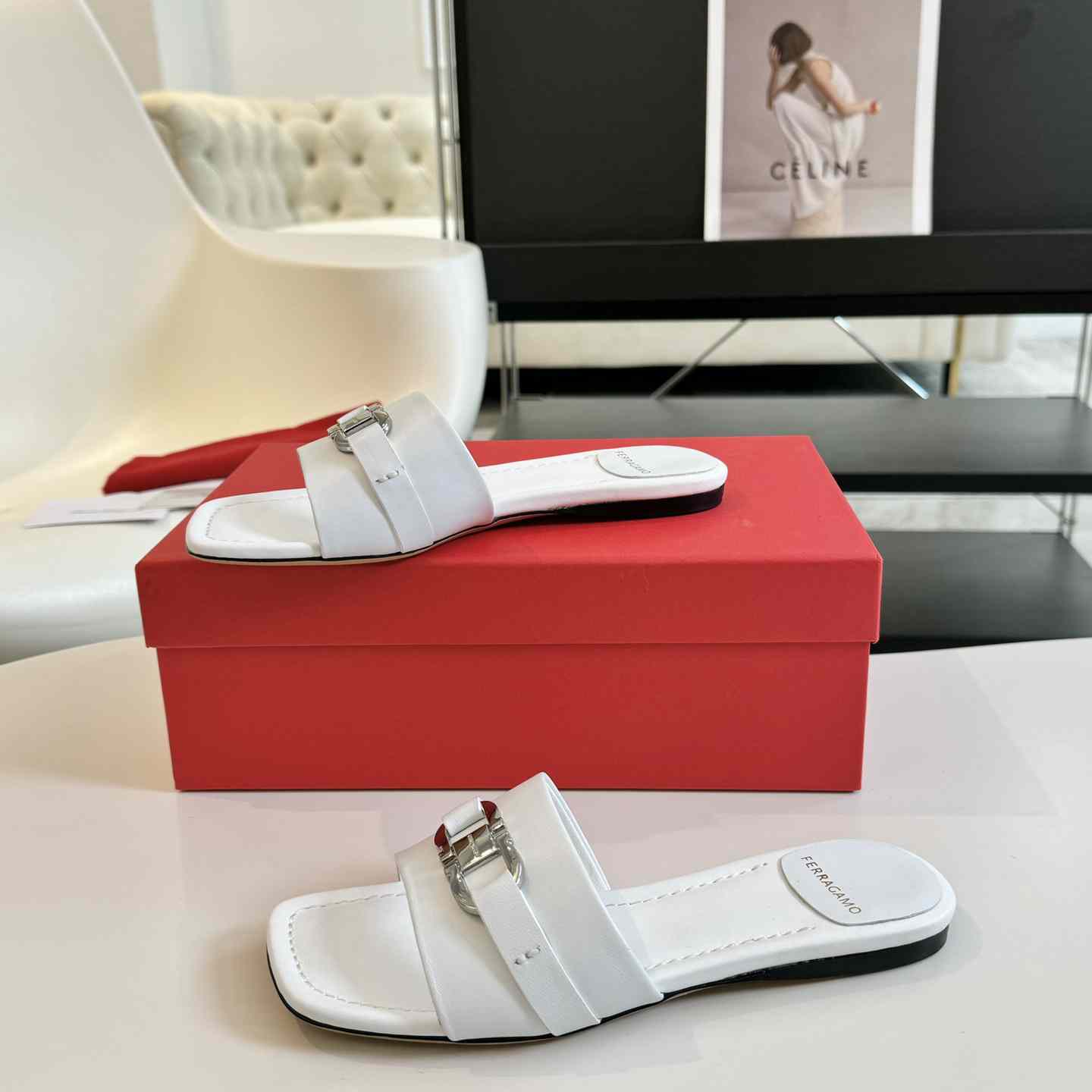 Ferragamo Women's White Flat Slide With Gancini Ornament - DopestKickz