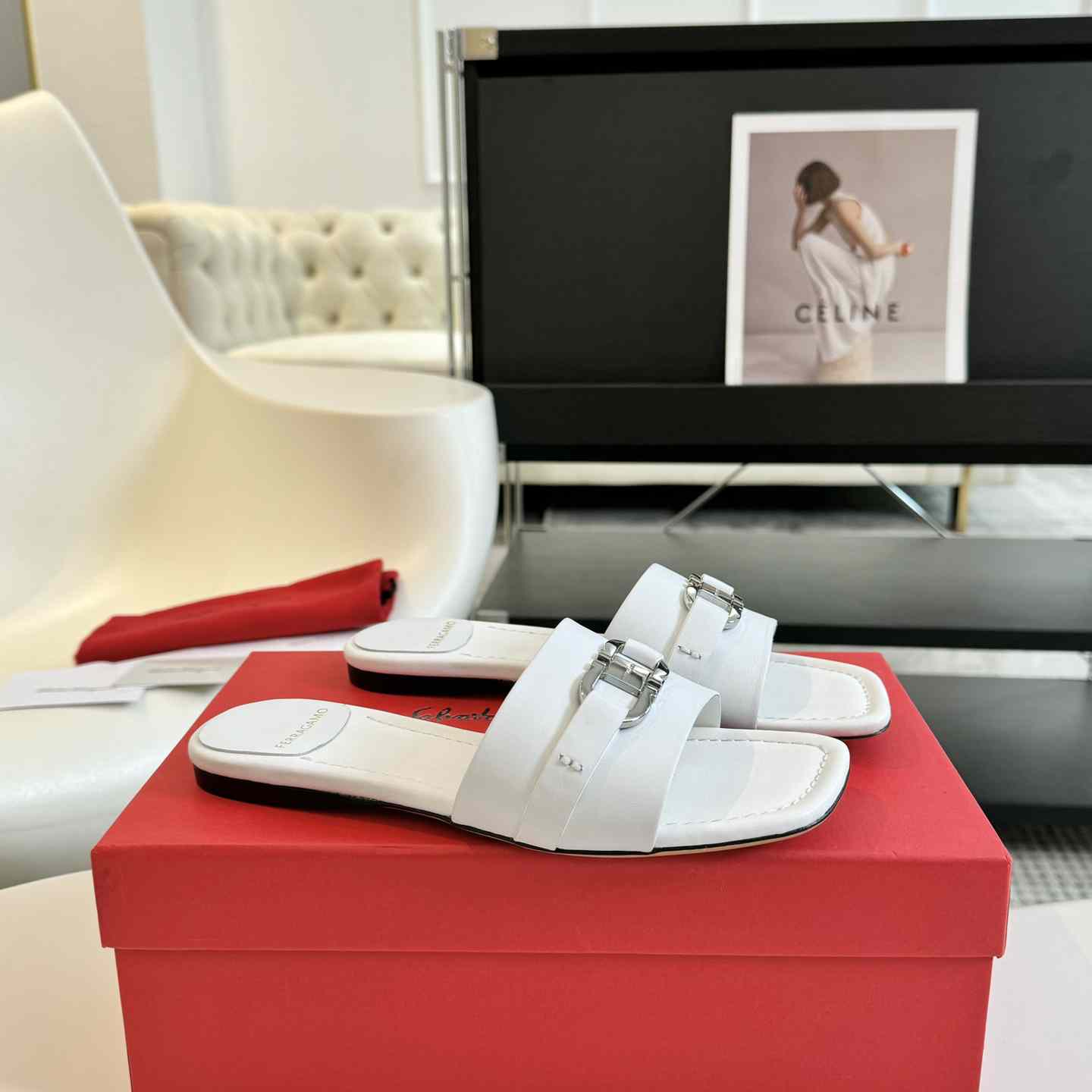 Ferragamo Women's White Flat Slide With Gancini Ornament - DopestKickz