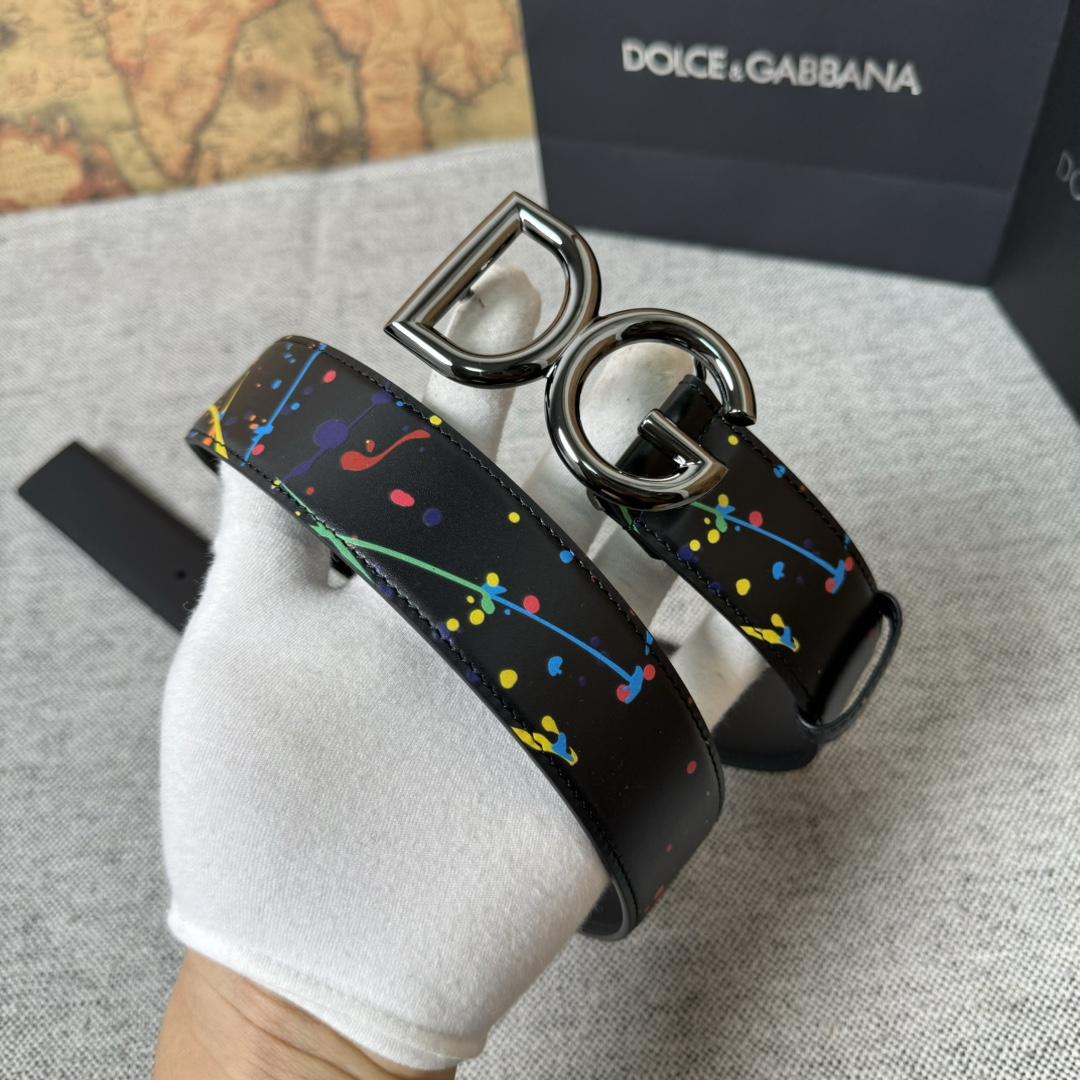 Dolce & Gabbana Paint Splatter Logo Buckle Leather Belt - DopestKickz