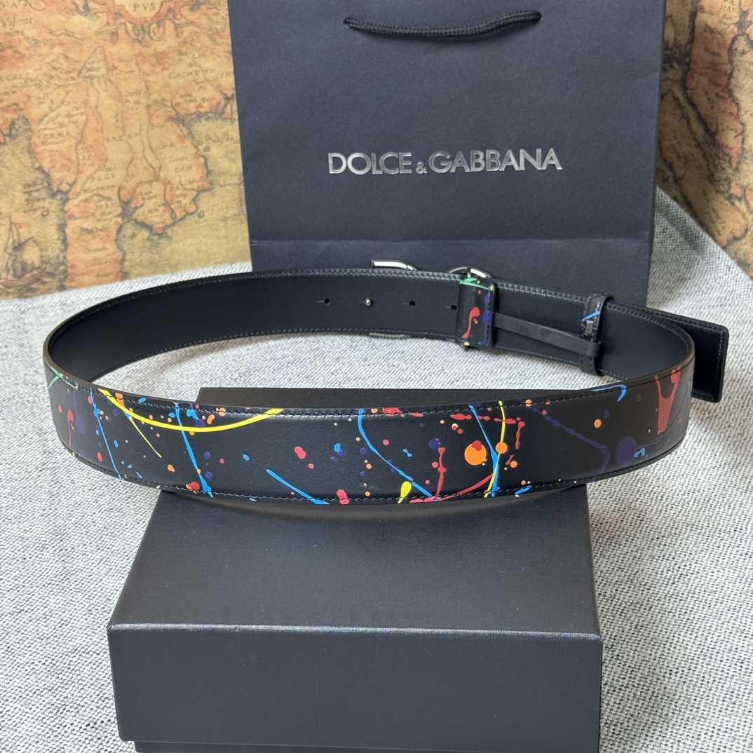 Dolce & Gabbana Paint Splatter Logo Buckle Leather Belt - DopestKickz