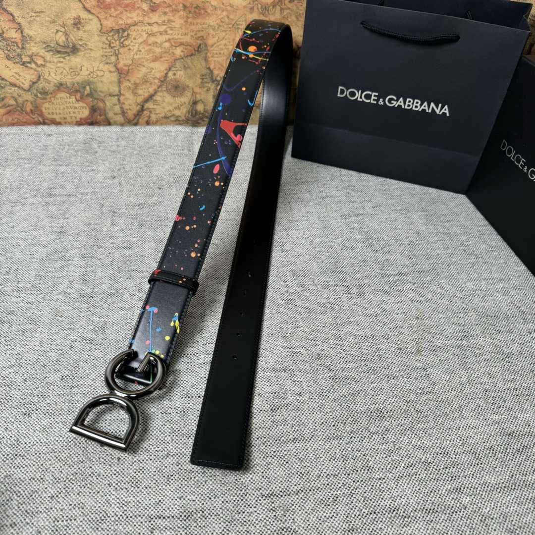 Dolce & Gabbana Paint Splatter Logo Buckle Leather Belt - DopestKickz