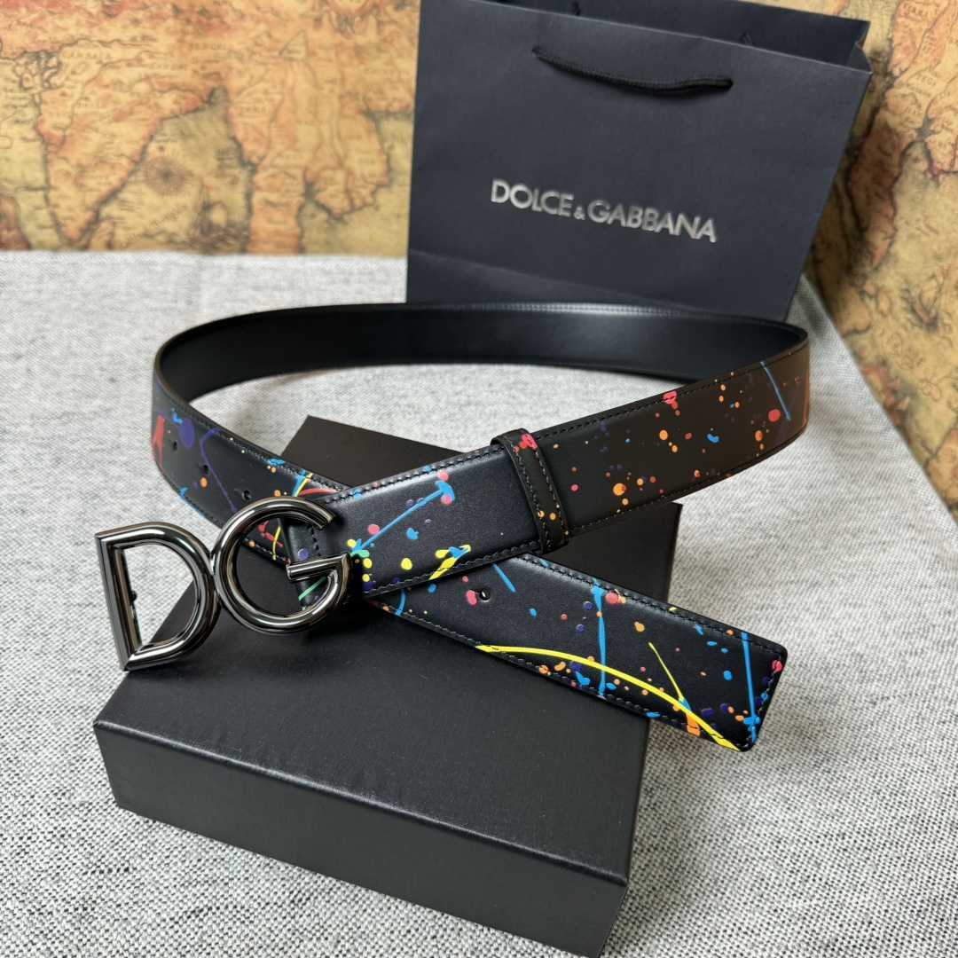 Dolce & Gabbana Paint Splatter Logo Buckle Leather Belt - DopestKickz