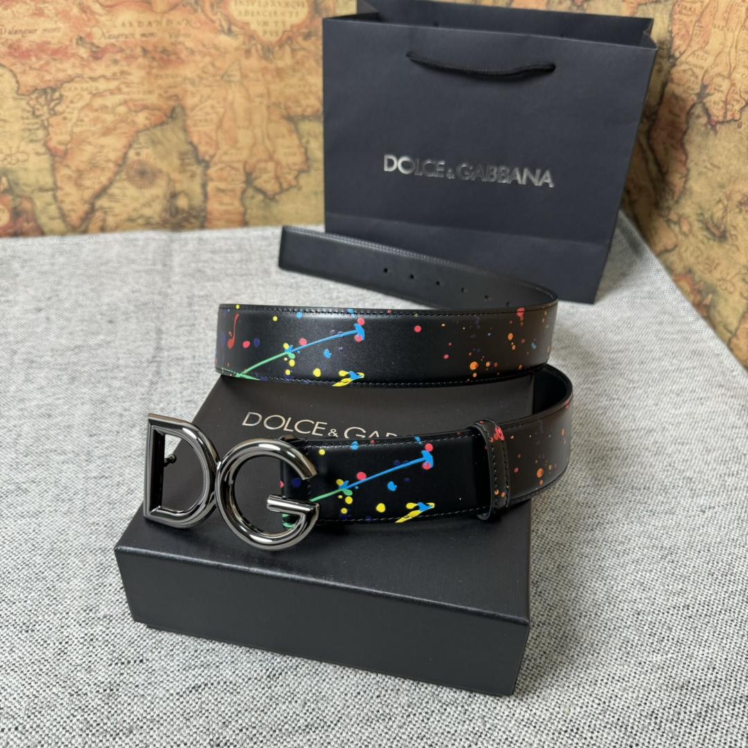 Dolce & Gabbana Paint Splatter Logo Buckle Leather Belt - DopestKickz