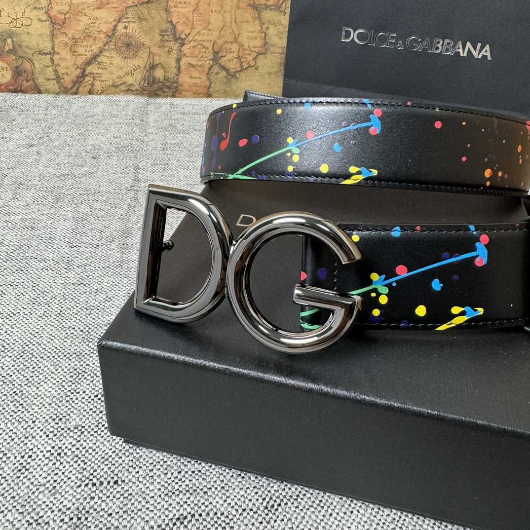 Dolce & Gabbana Paint Splatter Logo Buckle Leather Belt - DopestKickz