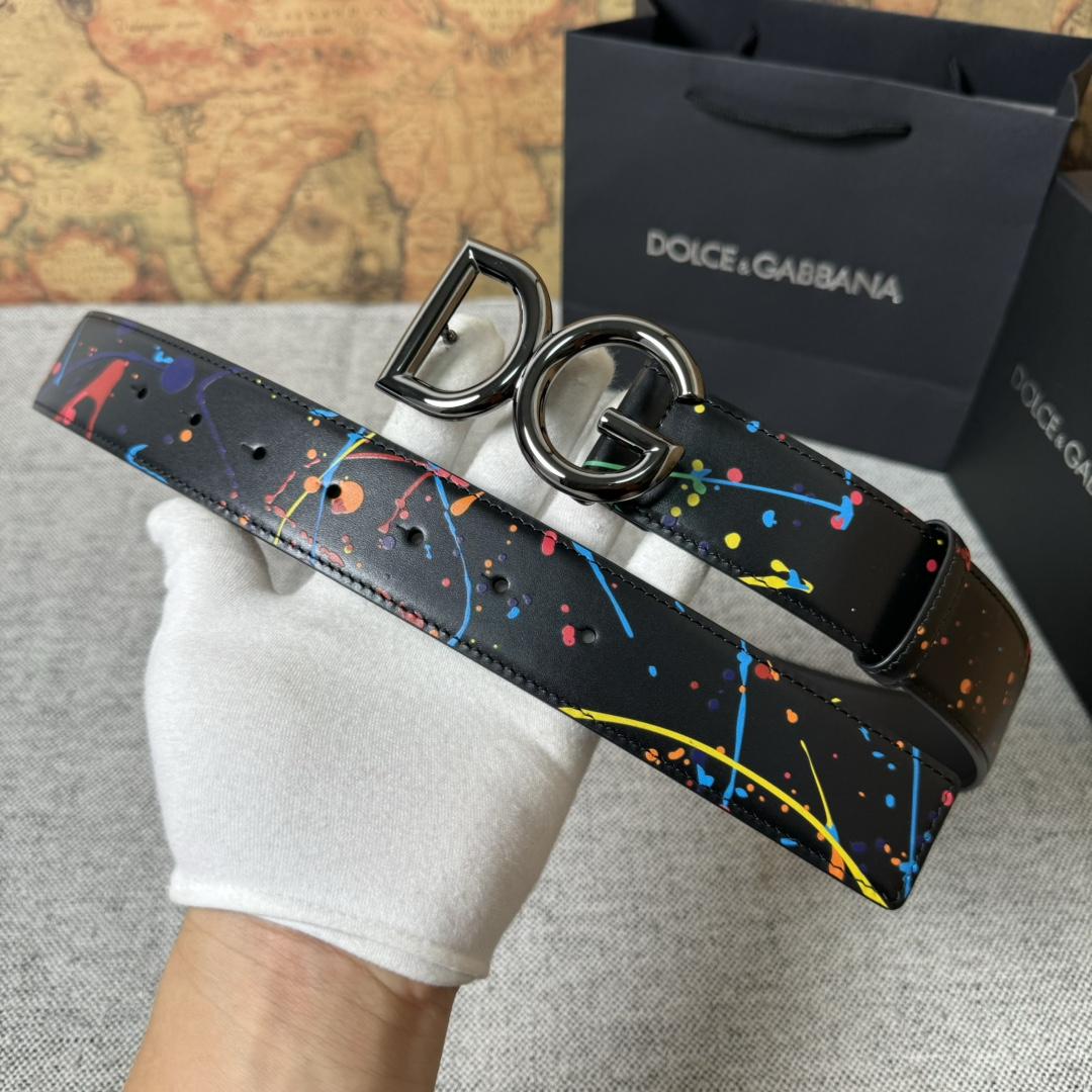 Dolce & Gabbana Paint Splatter Logo Buckle Leather Belt - DopestKickz