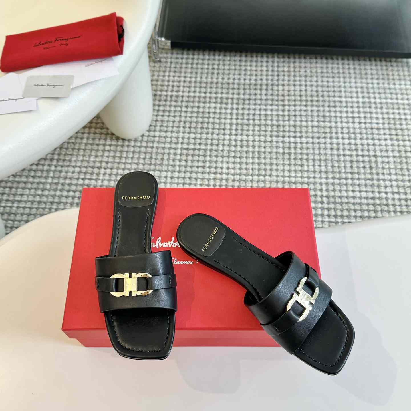 Ferragamo Women's Black Flat Slide With Gancini Ornament - DopestKickz