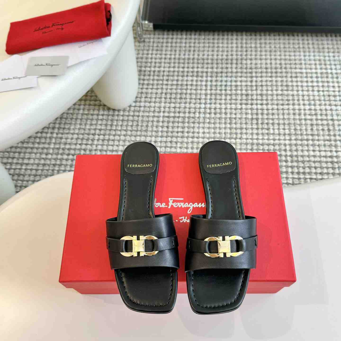 Ferragamo Women's Black Flat Slide With Gancini Ornament - DopestKickz