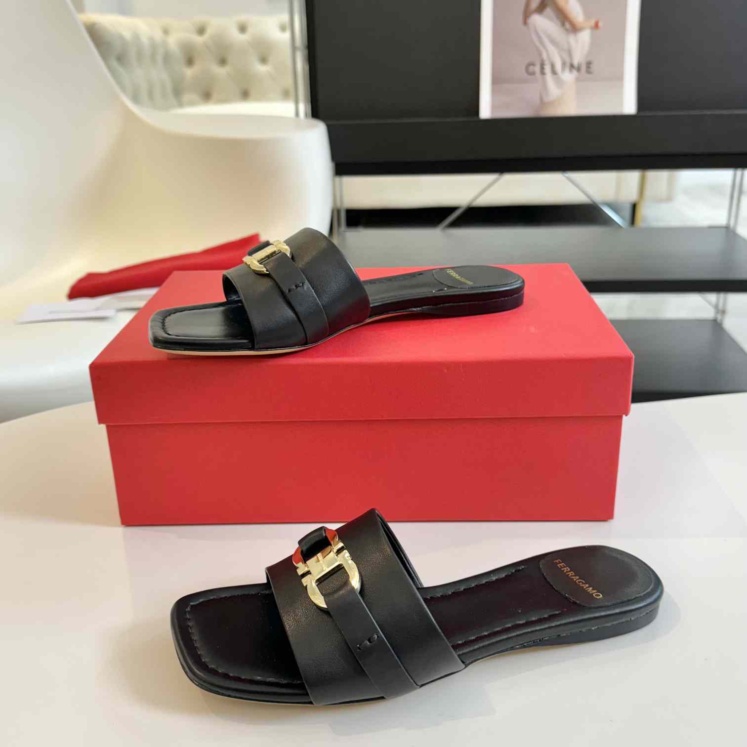 Ferragamo Women's Black Flat Slide With Gancini Ornament - DopestKickz