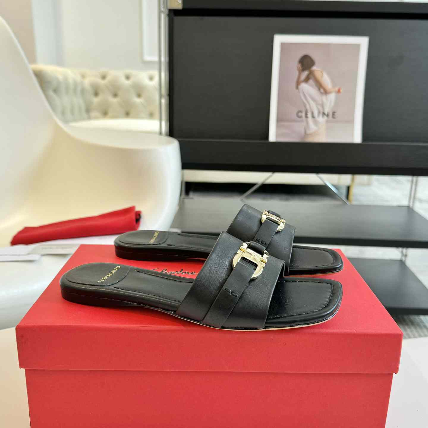 Ferragamo Women's Black Flat Slide With Gancini Ornament - DopestKickz