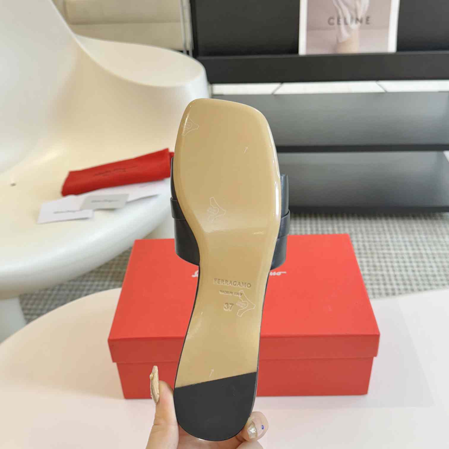 Ferragamo Women's Black Flat Slide With Gancini Ornament - DopestKickz