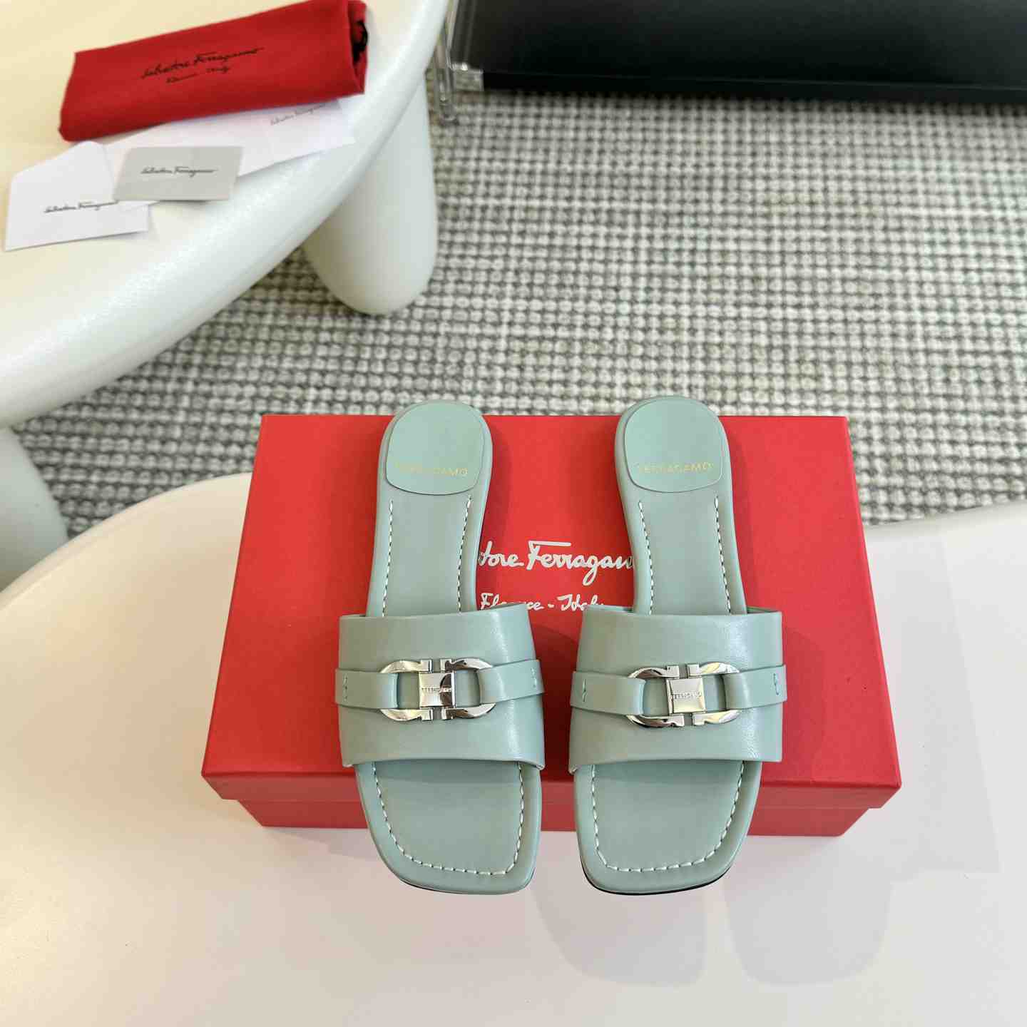 Ferragamo Women's Flat Slide With Gancini Ornament - DopestKickz