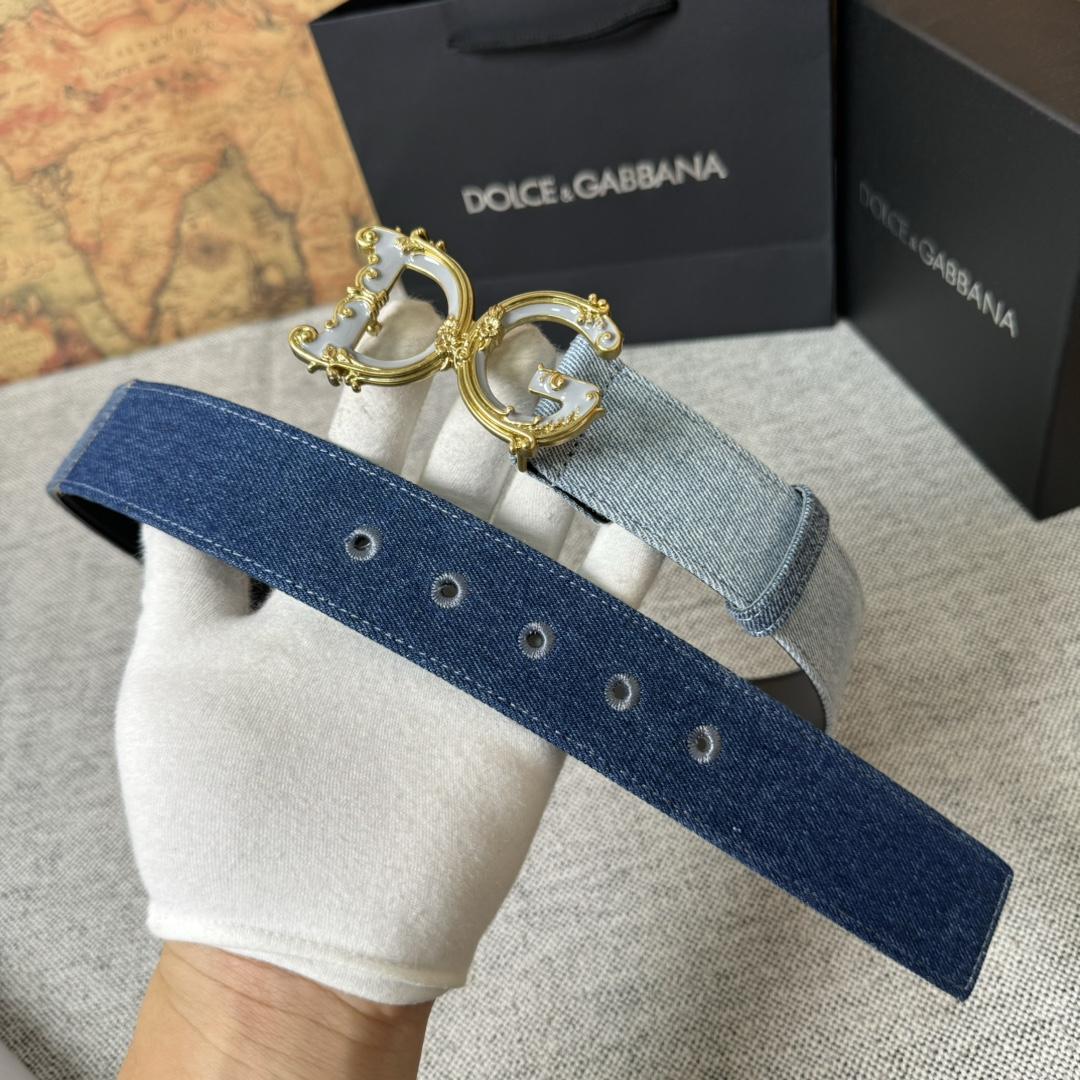 Dolce & Gabbana Denim Patchwork Belt With Baroque DG Buckle - DopestKickz