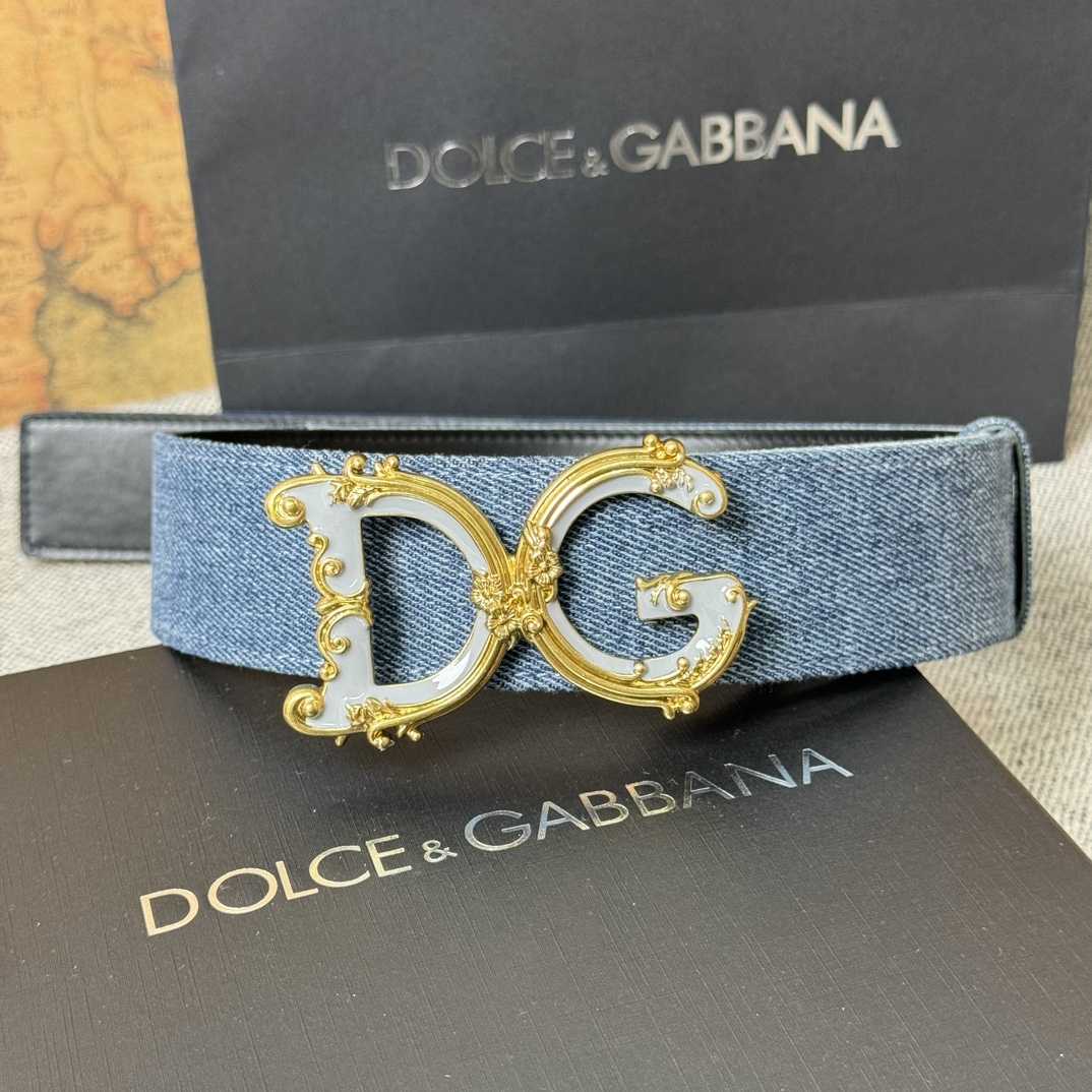 Dolce & Gabbana Denim Patchwork Belt With Baroque DG Buckle - DopestKickz
