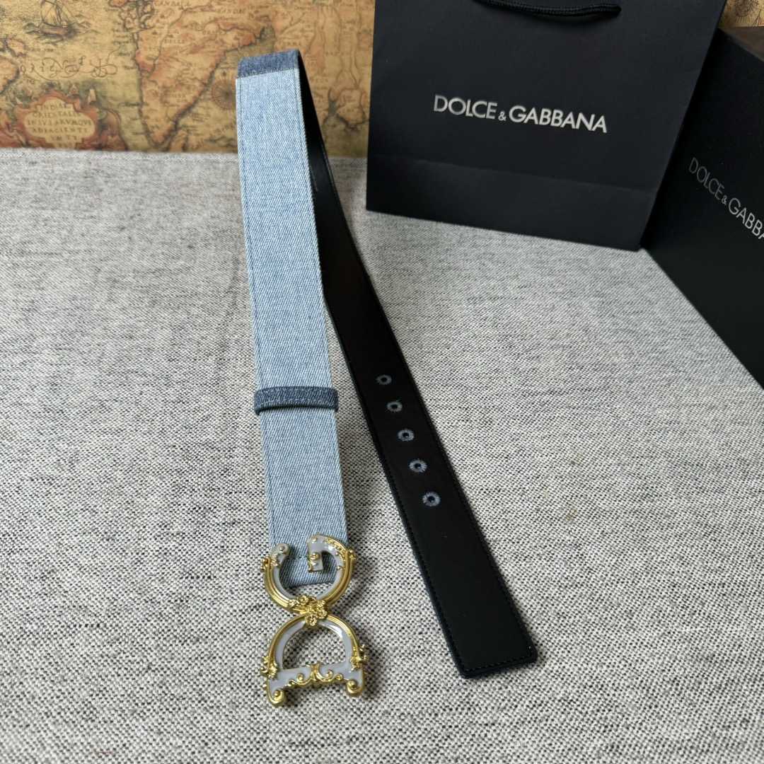 Dolce & Gabbana Denim Patchwork Belt With Baroque DG Buckle - DopestKickz
