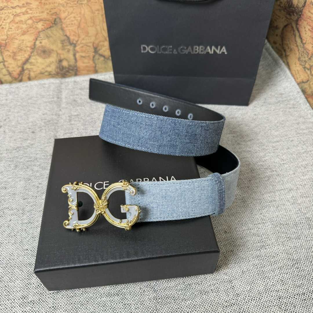 Dolce & Gabbana Denim Patchwork Belt With Baroque DG Buckle - DopestKickz