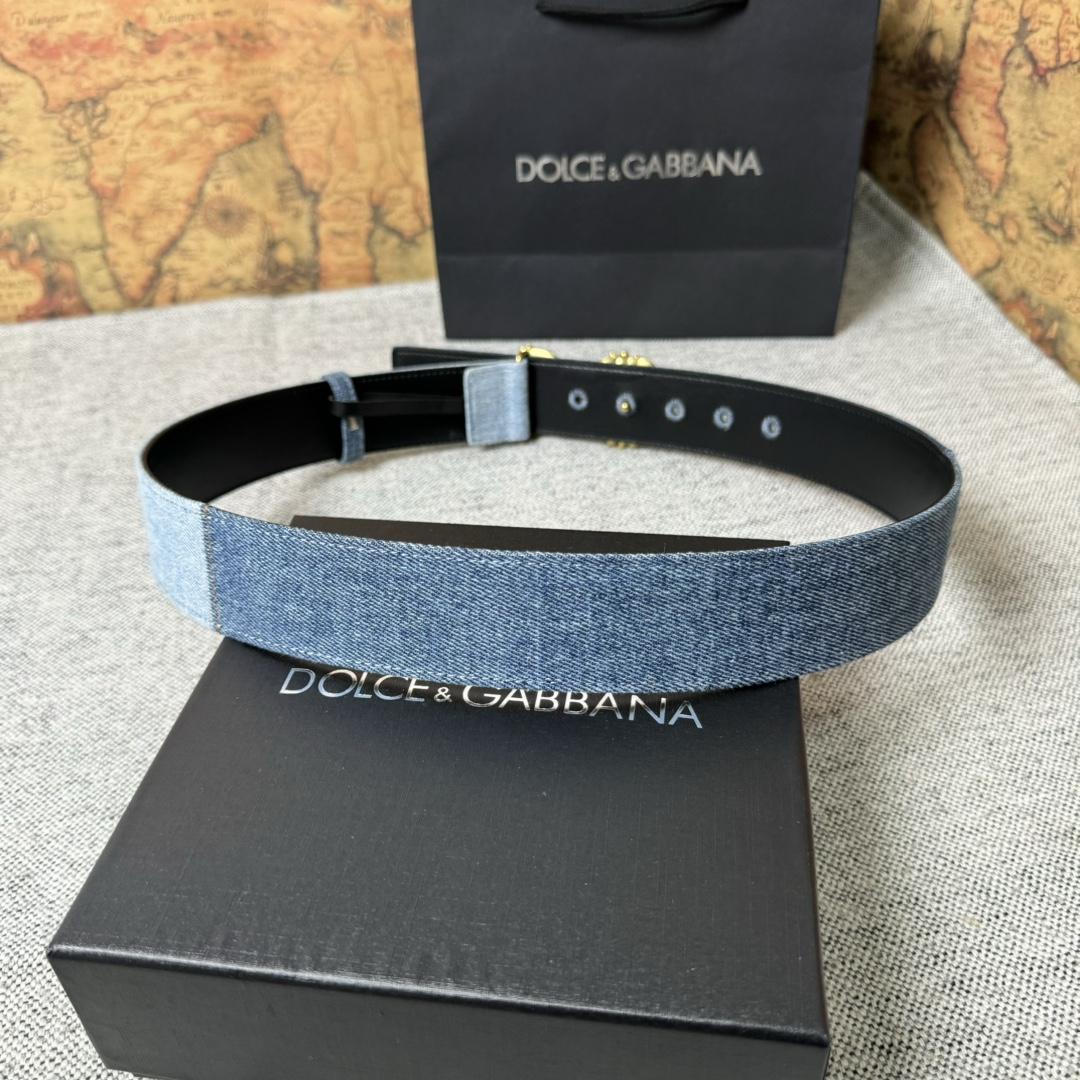 Dolce & Gabbana Denim Patchwork Belt With Baroque DG Buckle - DopestKickz