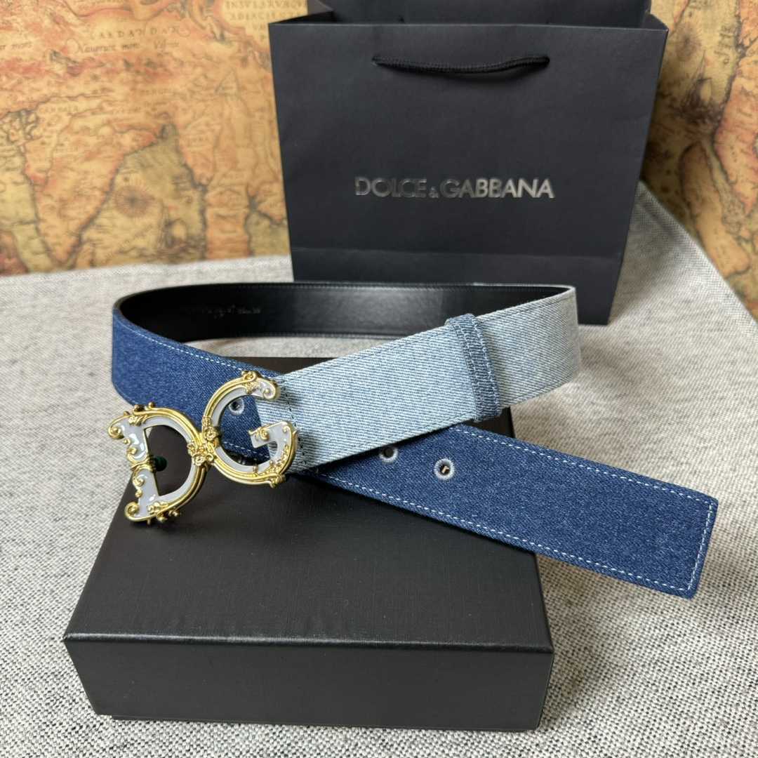 Dolce & Gabbana Denim Patchwork Belt With Baroque DG Buckle - DopestKickz