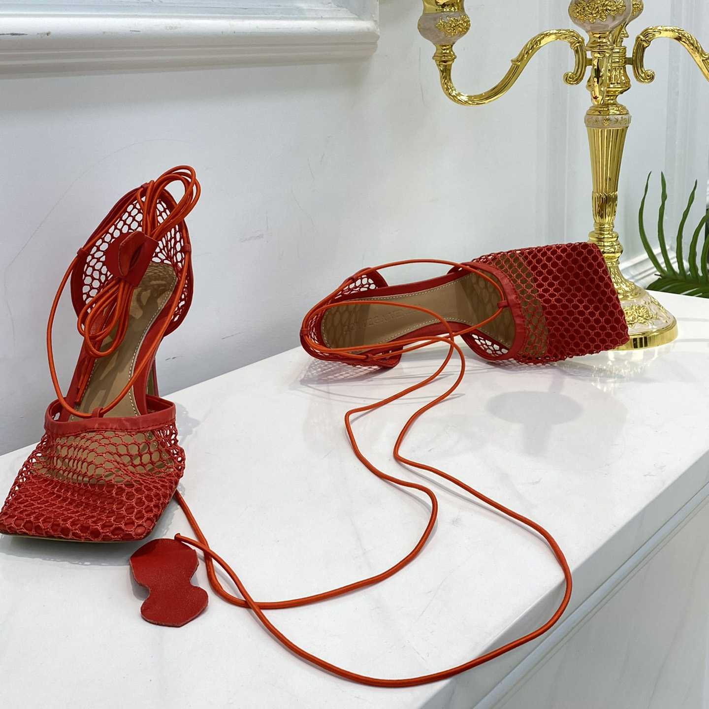 Bottega Veneta Red Mesh Square Toe Ankle Wrap Sandals - DopestKickz