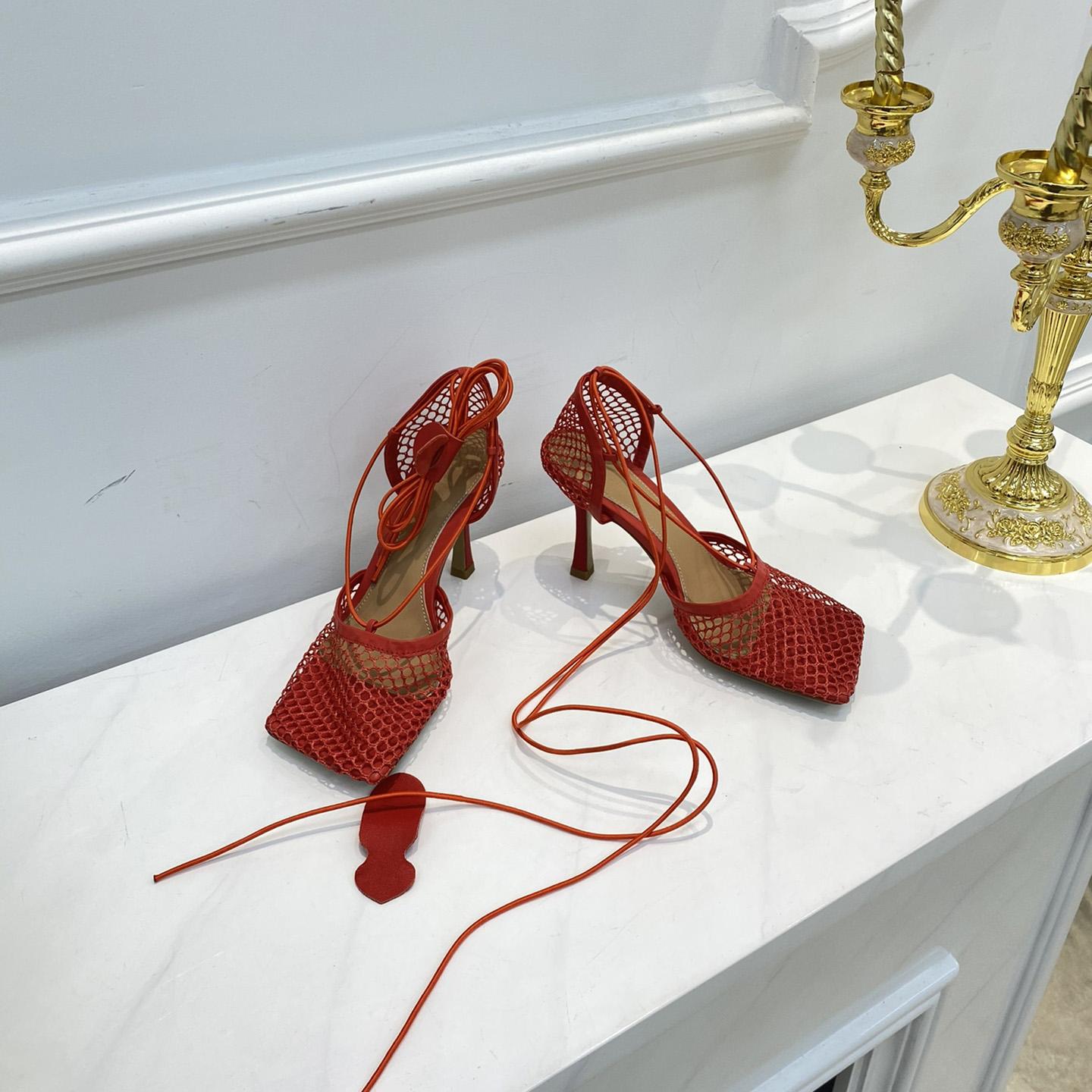 Bottega Veneta Red Mesh Square Toe Ankle Wrap Sandals - DopestKickz