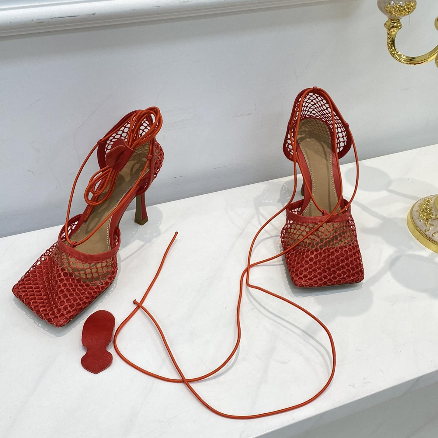 Bottega Veneta Red Mesh Square Toe Ankle Wrap Sandals - DopestKickz