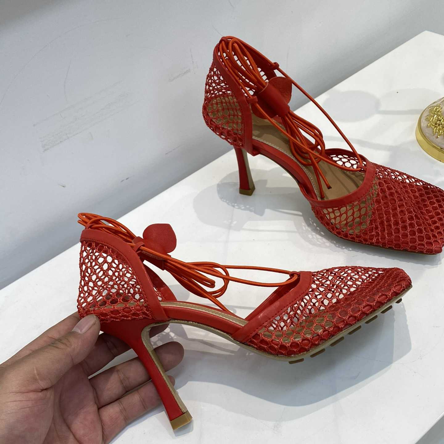 Bottega Veneta Red Mesh Square Toe Ankle Wrap Sandals - DopestKickz