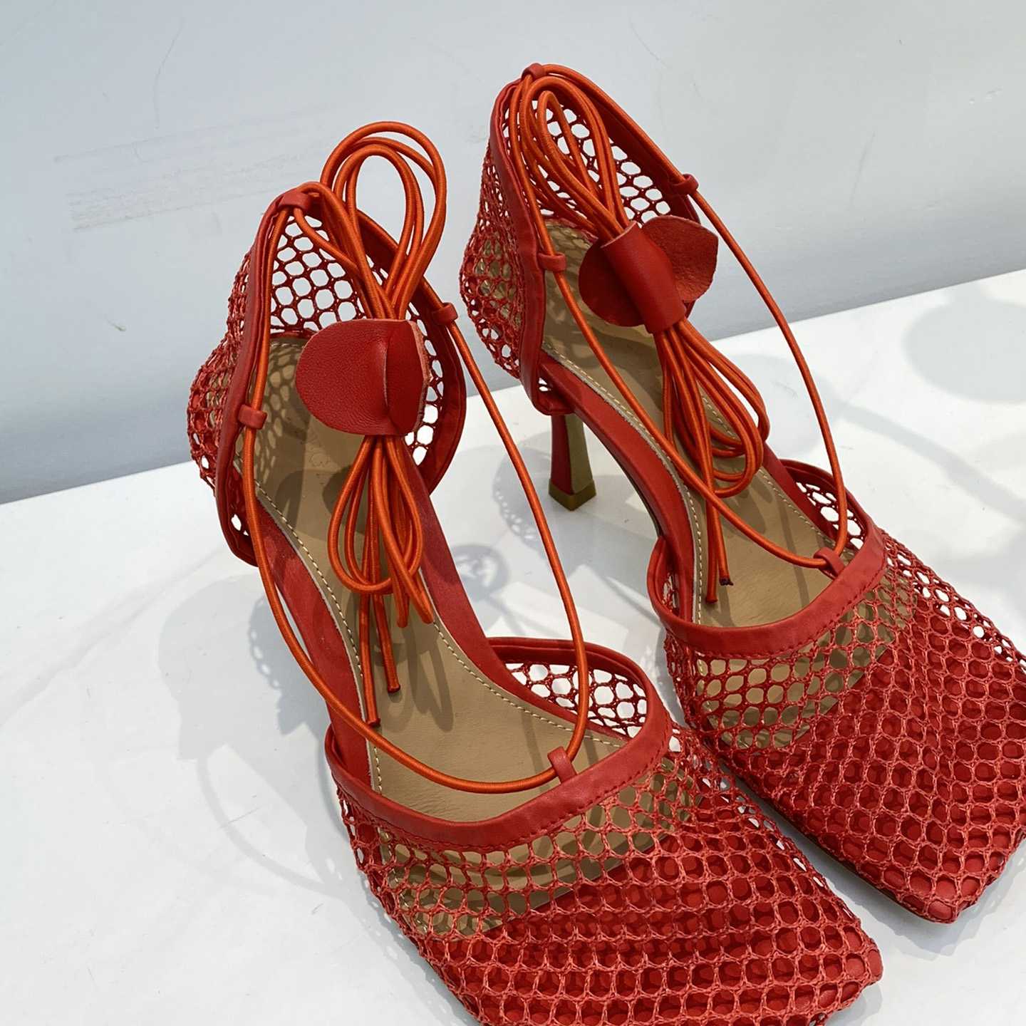 Bottega Veneta Red Mesh Square Toe Ankle Wrap Sandals - DopestKickz