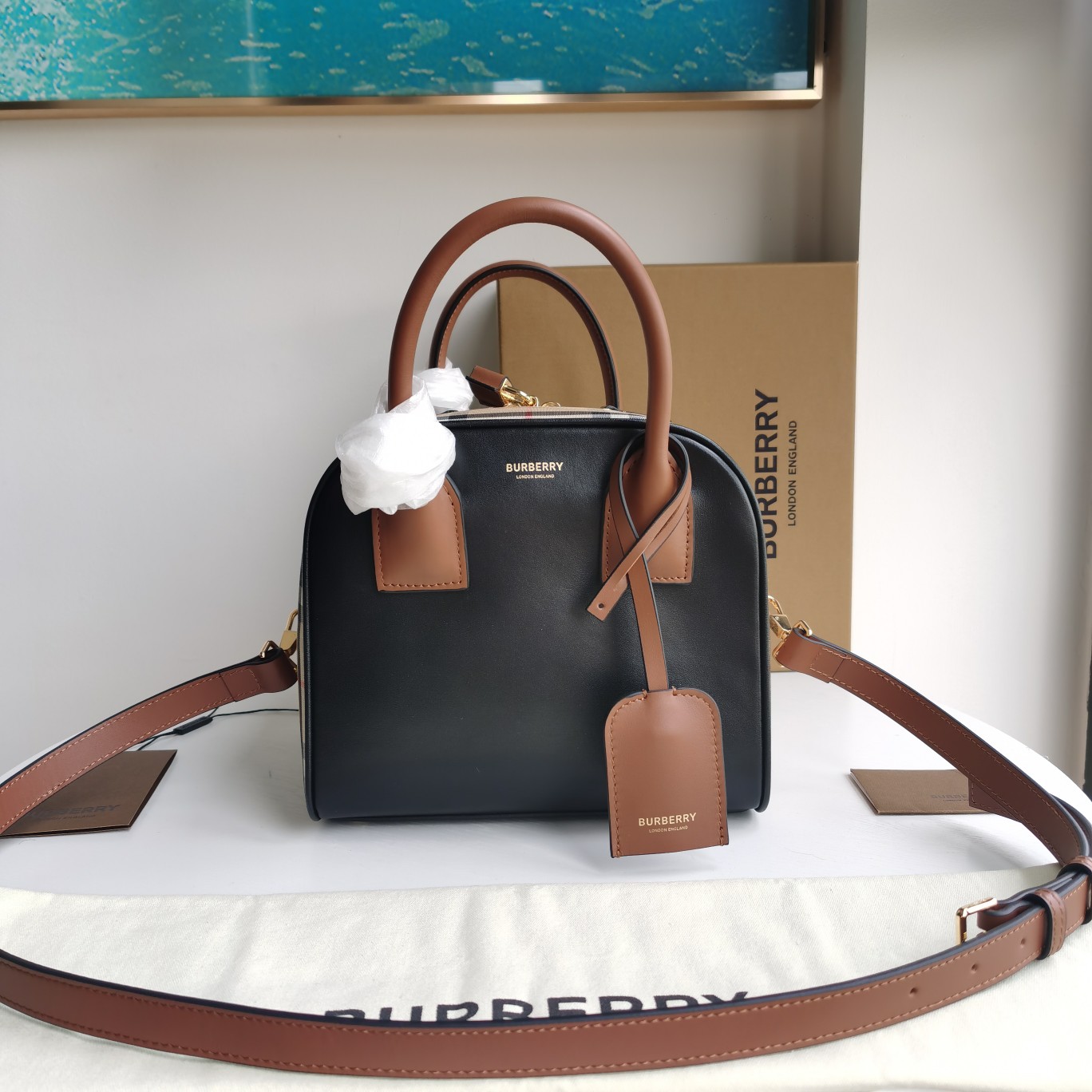 Burberry Cube Bag Leather With Vintage Check   W34 x H21 x D19cm - DopestKickz