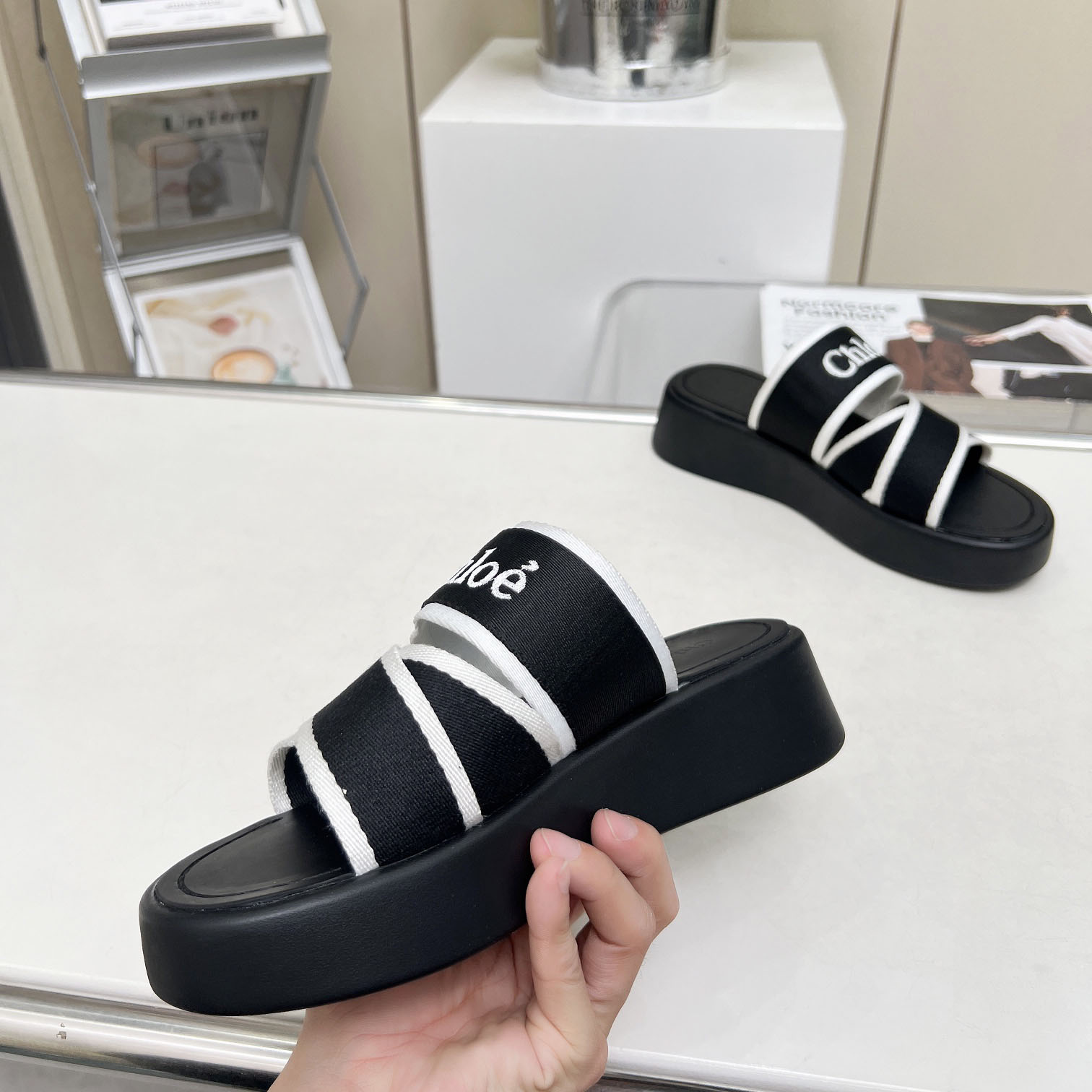 Chloe Women's Black Mila Logo Flatform Slides - DopestKickz