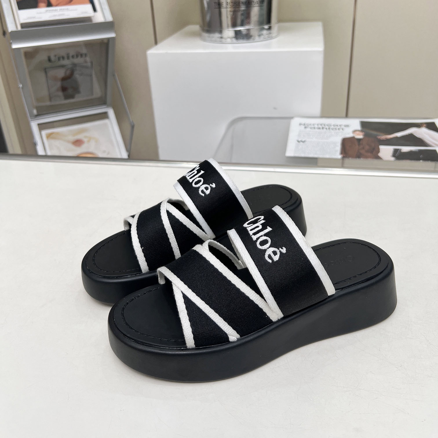 Chloe Women's Black Mila Logo Flatform Slides - DopestKickz