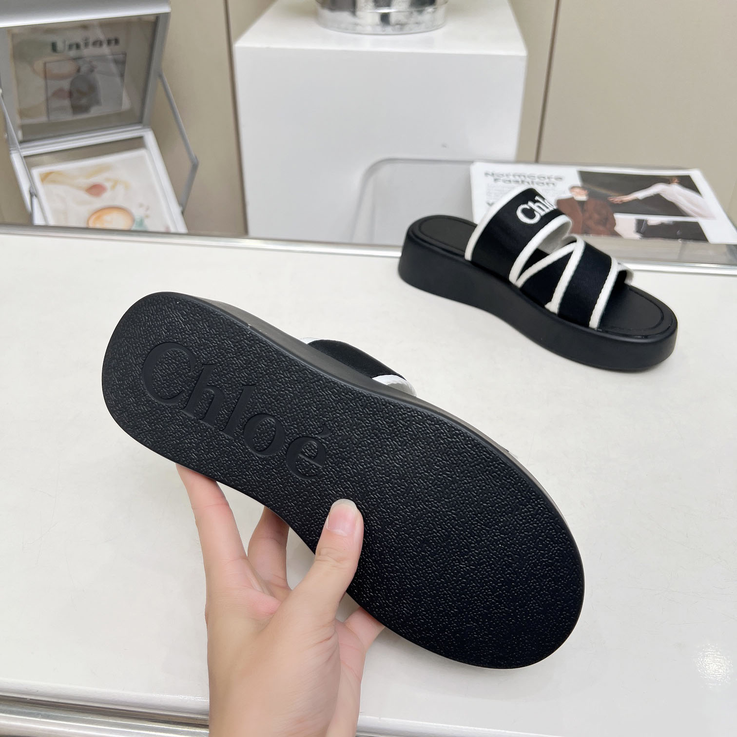 Chloe Women's Black Mila Logo Flatform Slides - DopestKickz