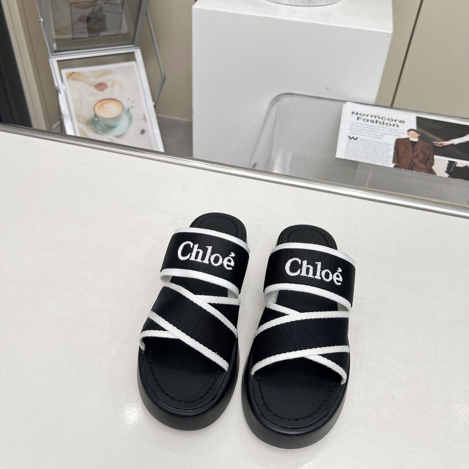 Chloe Women's Black Mila Logo Flatform Slides - DopestKickz