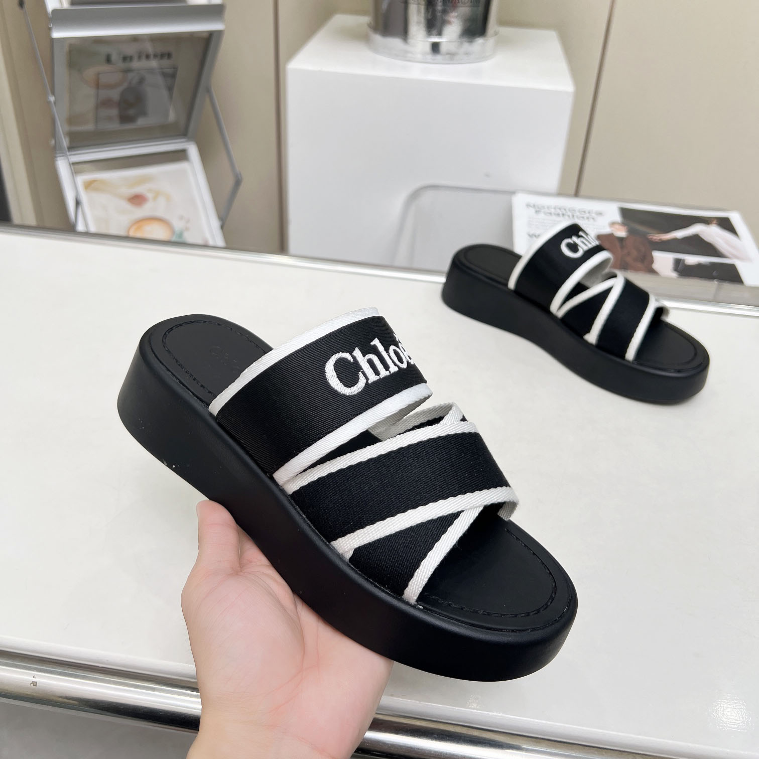 Chloe Women's Black Mila Logo Flatform Slides - DopestKickz
