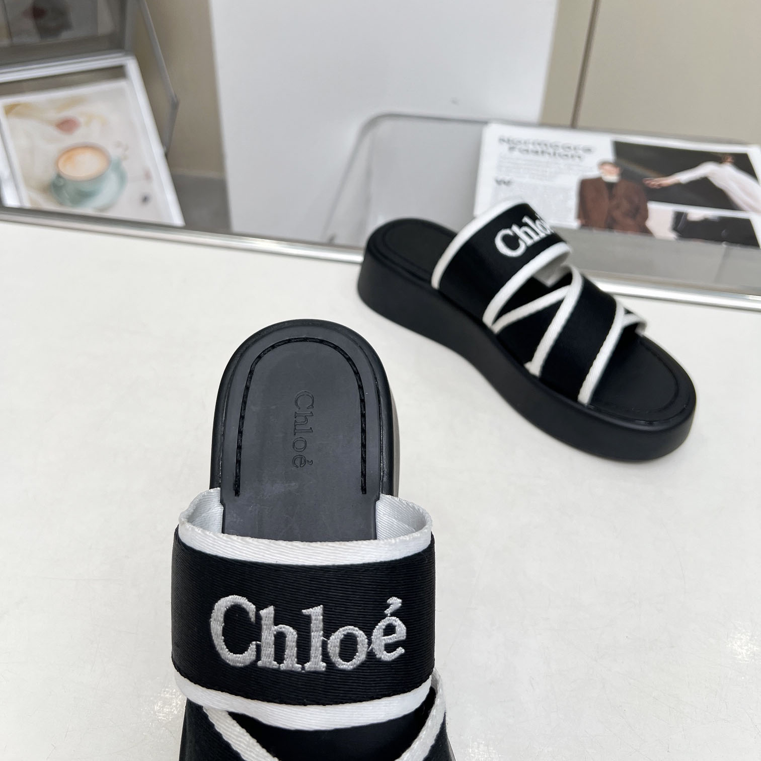 Chloe Women's Black Mila Logo Flatform Slides - DopestKickz