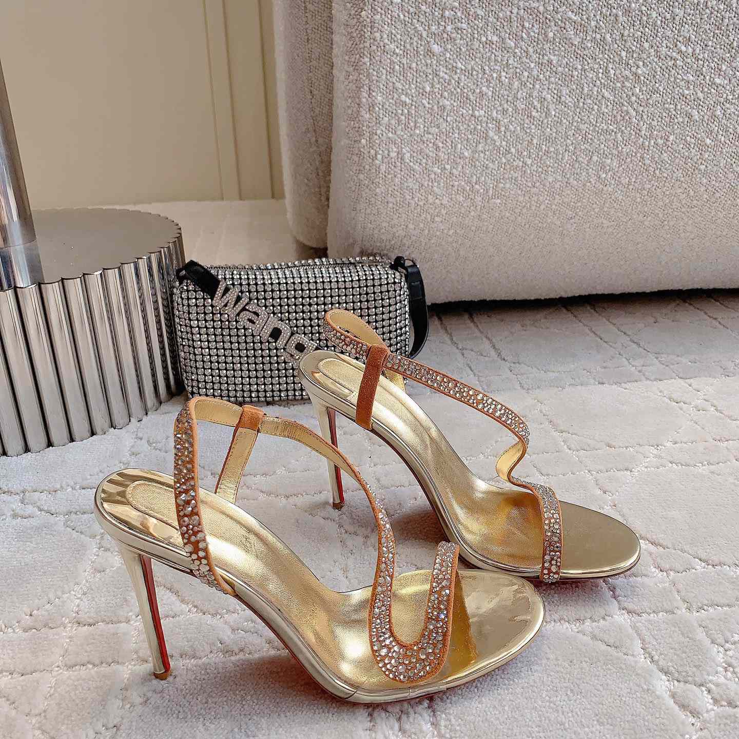 Christian Louboutin Gold Suede Crystal Embellished Rosalie Sandals - DopestKickz