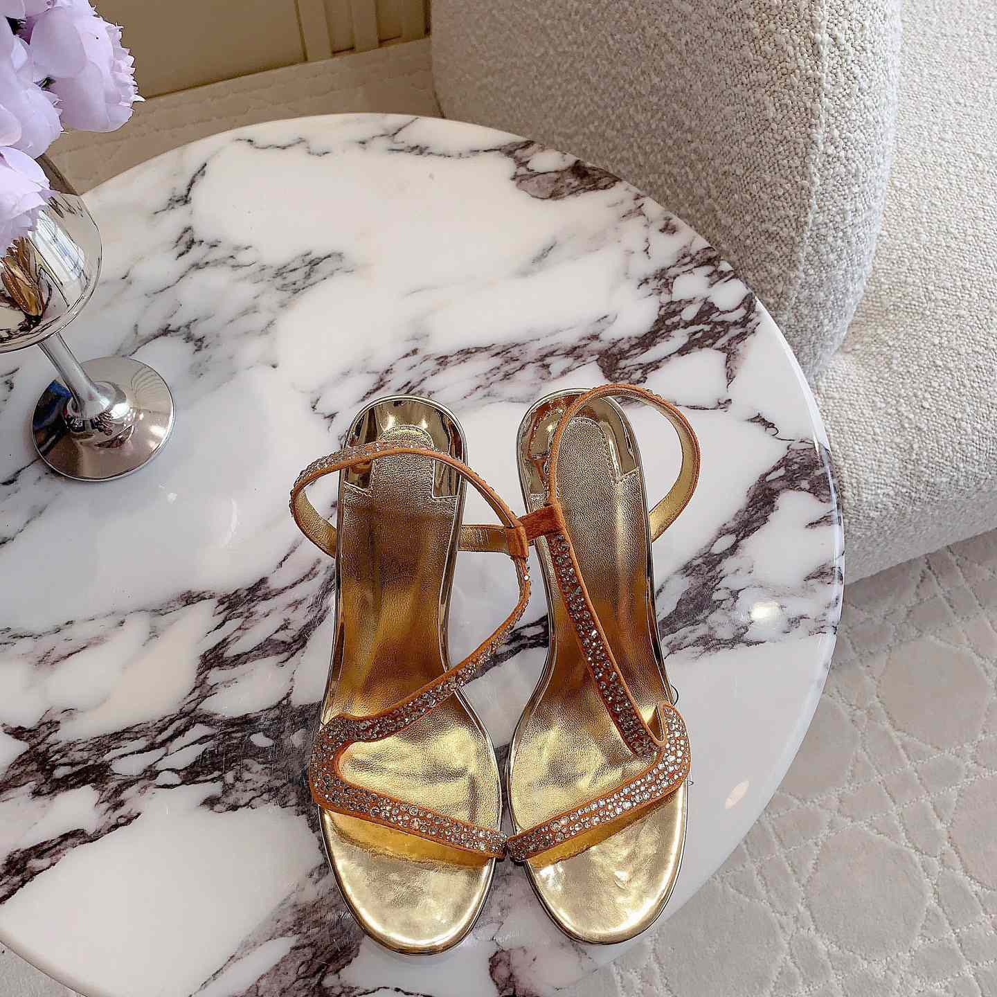 Christian Louboutin Gold Suede Crystal Embellished Rosalie Sandals - DopestKickz