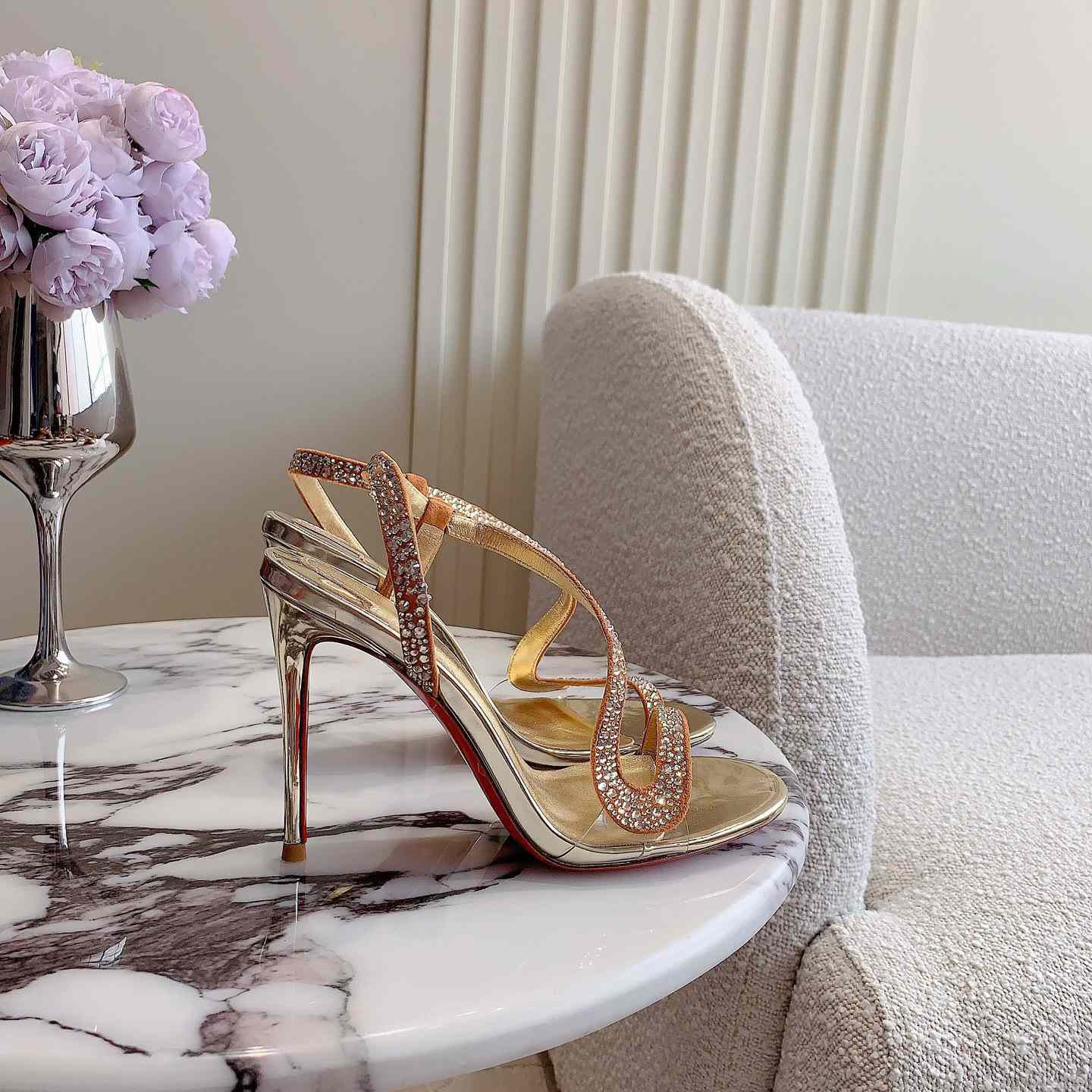 Christian Louboutin Gold Suede Crystal Embellished Rosalie Sandals - DopestKickz