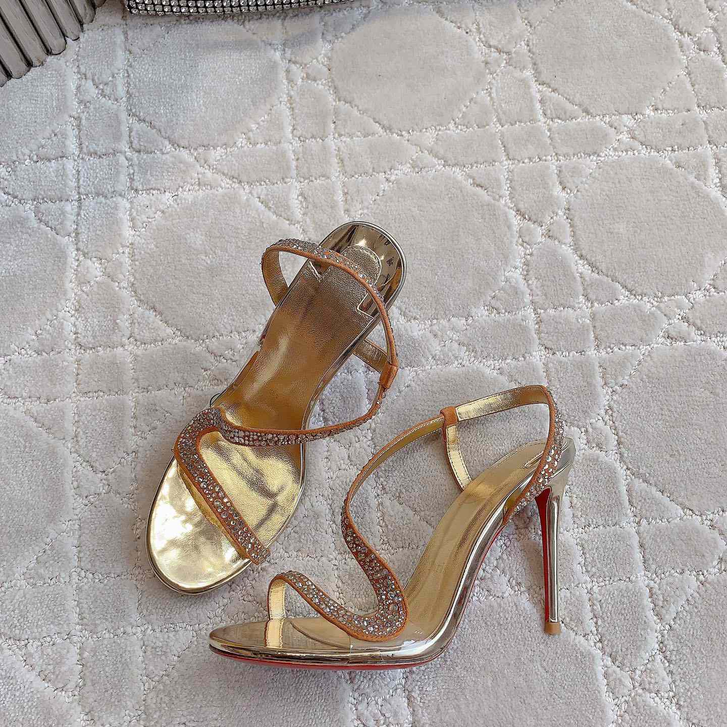 Christian Louboutin Gold Suede Crystal Embellished Rosalie Sandals - DopestKickz