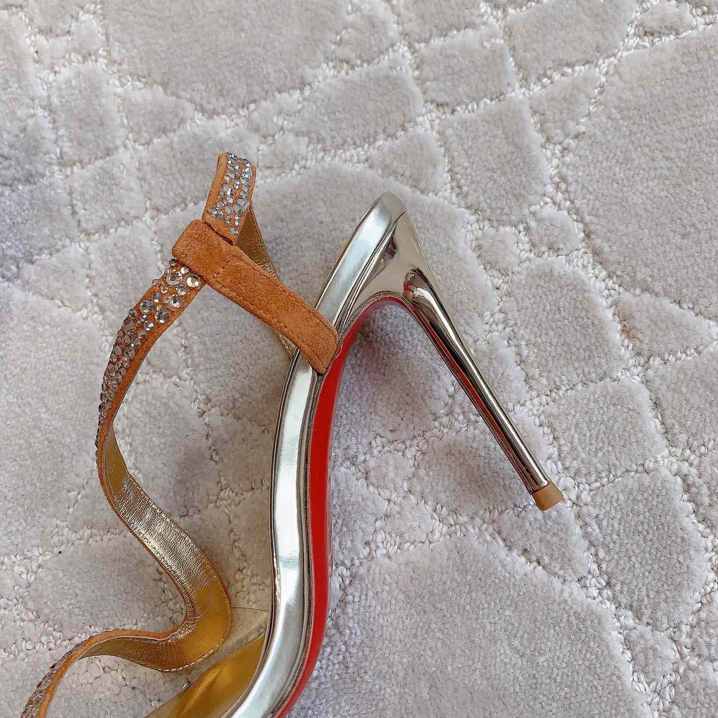 Christian Louboutin Gold Suede Crystal Embellished Rosalie Sandals - DopestKickz