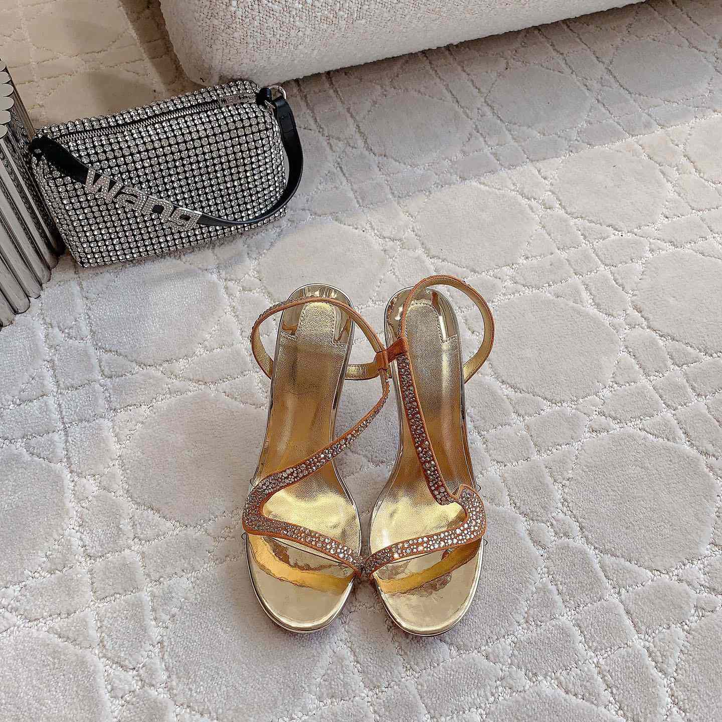 Christian Louboutin Gold Suede Crystal Embellished Rosalie Sandals - DopestKickz