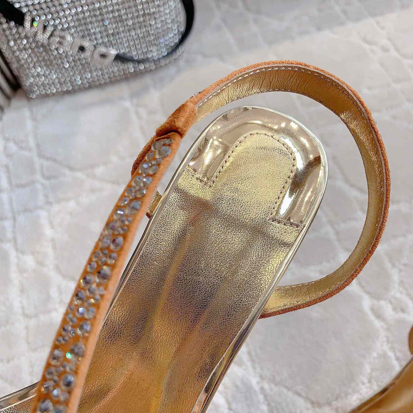 Christian Louboutin Gold Suede Crystal Embellished Rosalie Sandals - DopestKickz