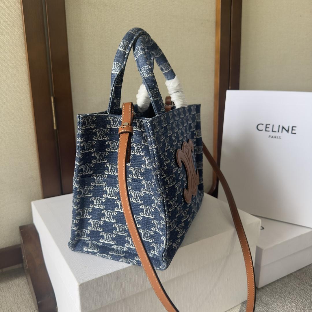 Celine Small Cabas Thais In Denim With Triomphe All-over And Calfskin Denim / Silver - DopestKickz