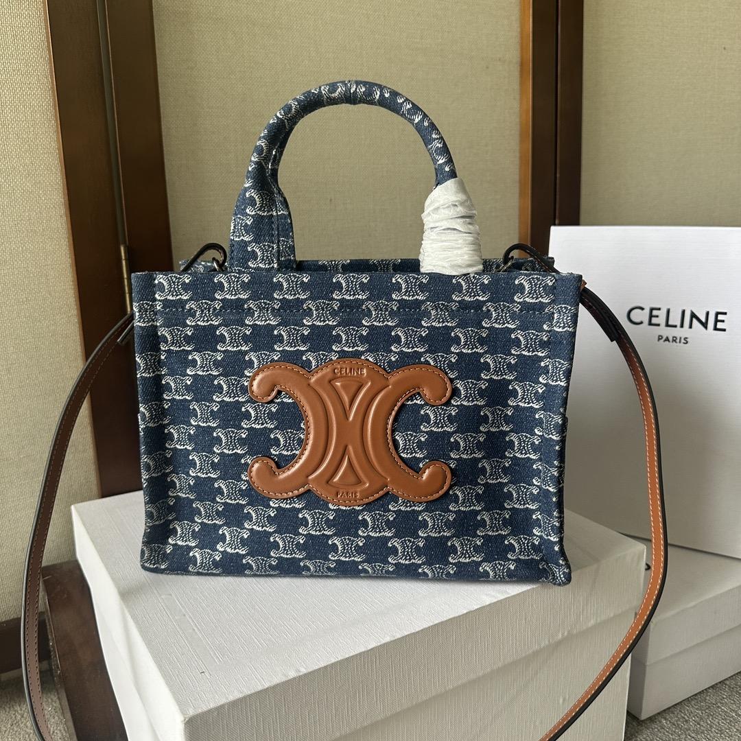 Celine Small Cabas Thais In Denim With Triomphe All-over And Calfskin Denim / Silver - DopestKickz