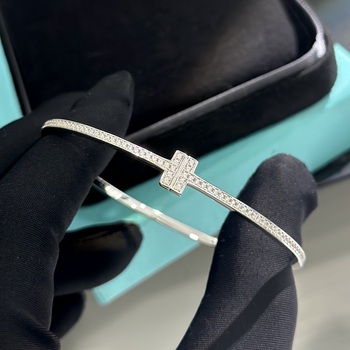 Tiffany & Co. 18K White Gold T Hinged Wire Bangle Bracelet - DopestKickz