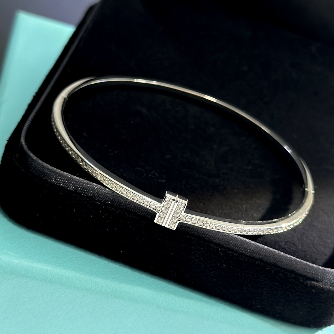 Tiffany & Co. 18K White Gold T Hinged Wire Bangle Bracelet - DopestKickz